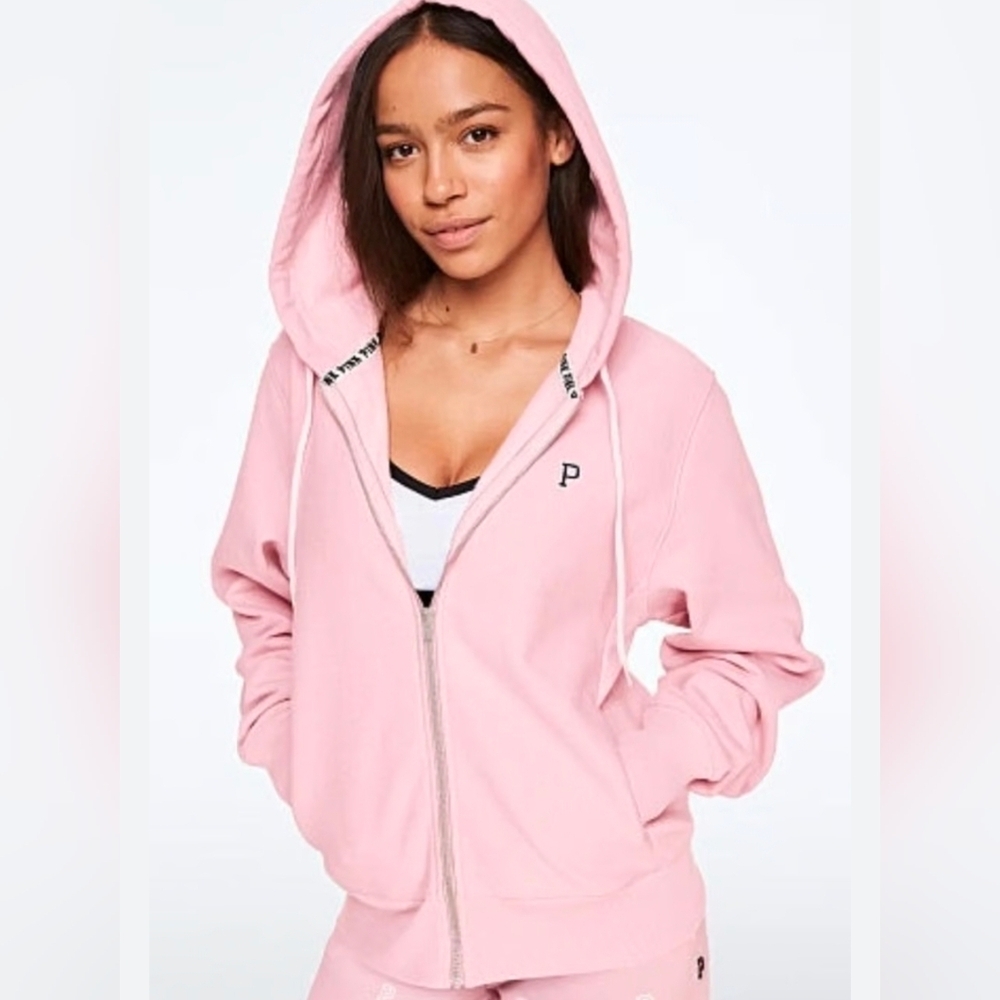 Pink Victoria Secret College Full Zip Hoodie Light Pink Size Large